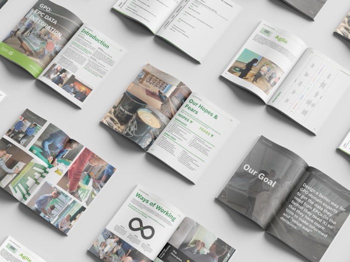 Printed design-thinking workshop booklets laid out, covering hopes and fears, ways of working and workshop photography
