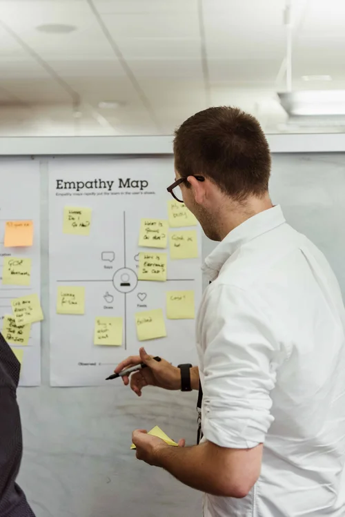 A workshop participant filling in an empathy map on a whiteboard