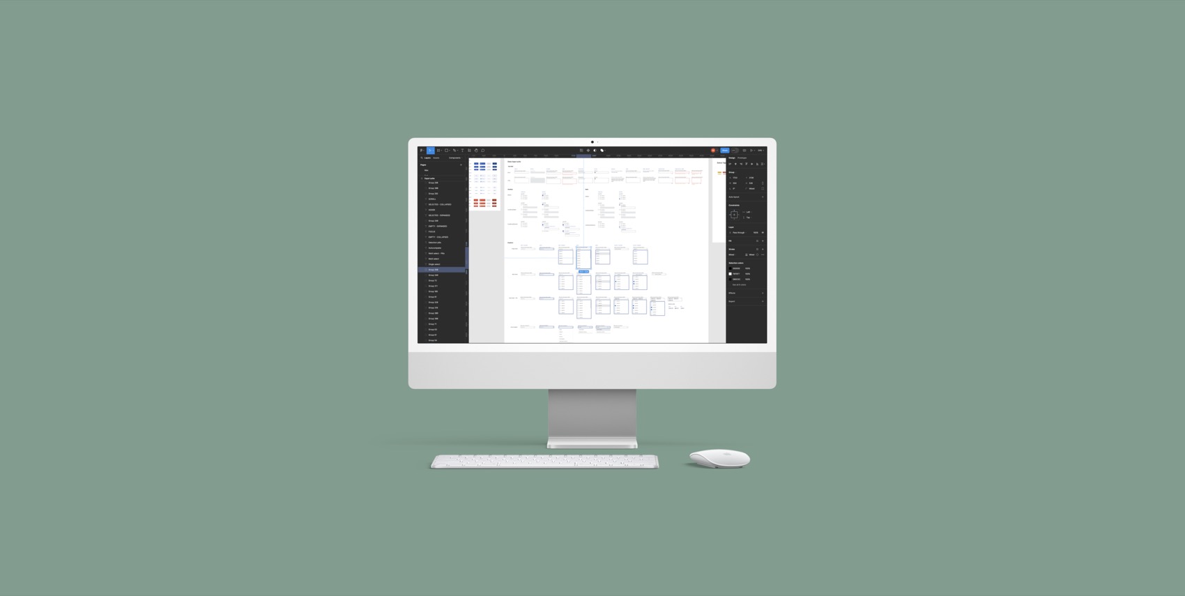 The design system's component library and variant map, shown open in Figma on a desktop monitor