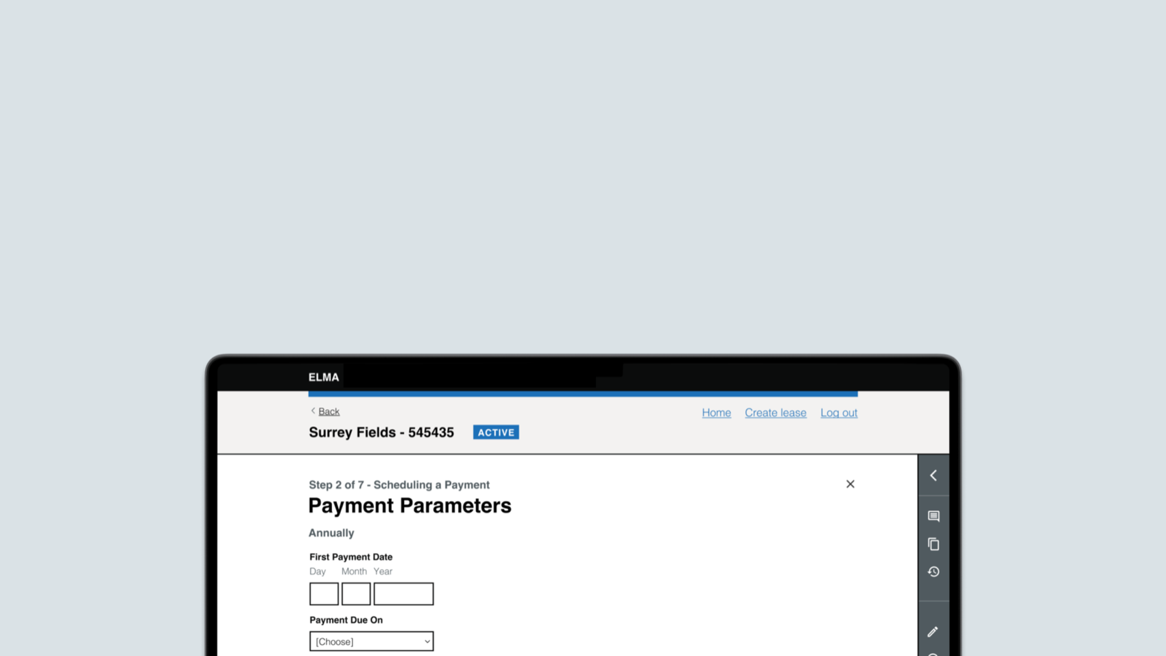 The redesigned lease management interface, showing a simplified payment scheduling step