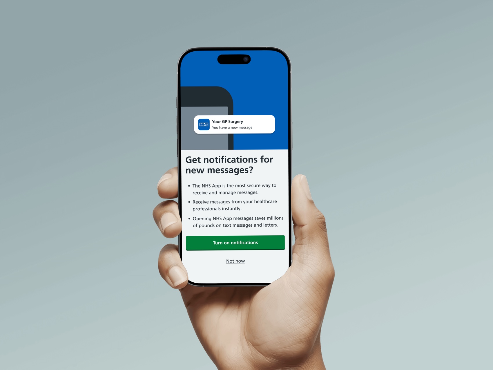 The NHS App notification opt-in prompt, shown on a phone held in someone's hand