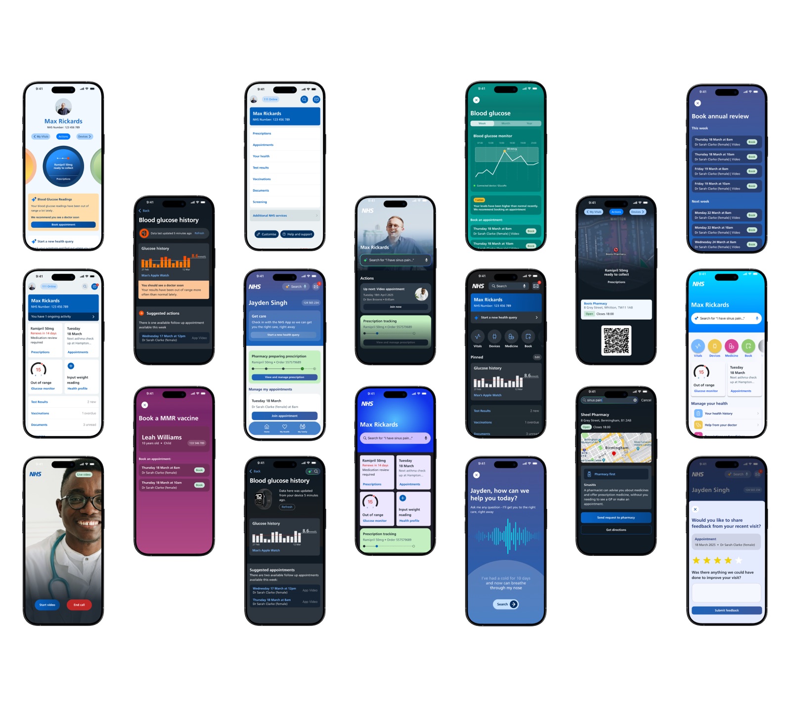 A grid of NHS App screens explored during the mockup process