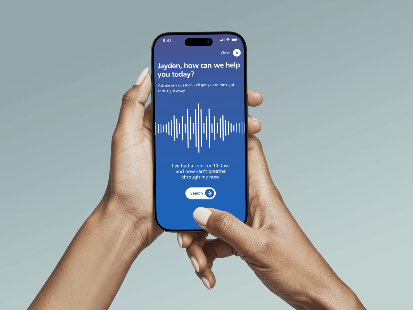 A concept AI voice interface, showing a waveform and a transcribed symptom query with a search action