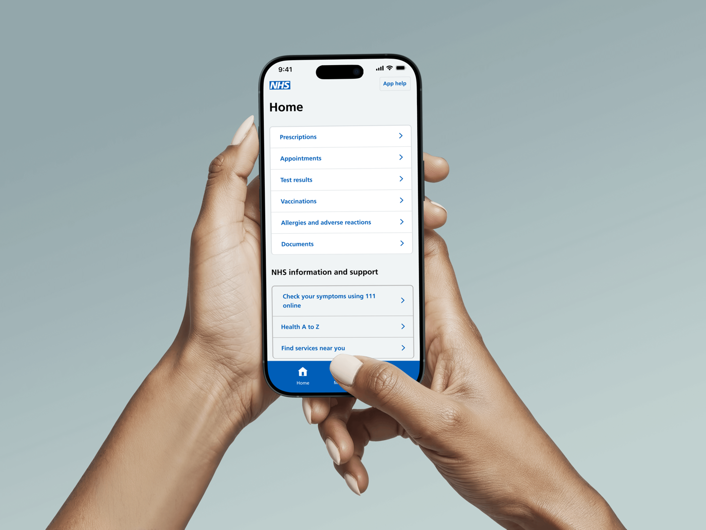 The NHS App today, showing a home screen list of services like prescriptions and appointments