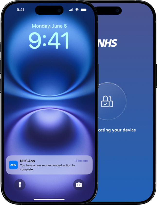 Jayden's phone lock screen showing an NHS App notification, next to the NHS App's Face ID login screen