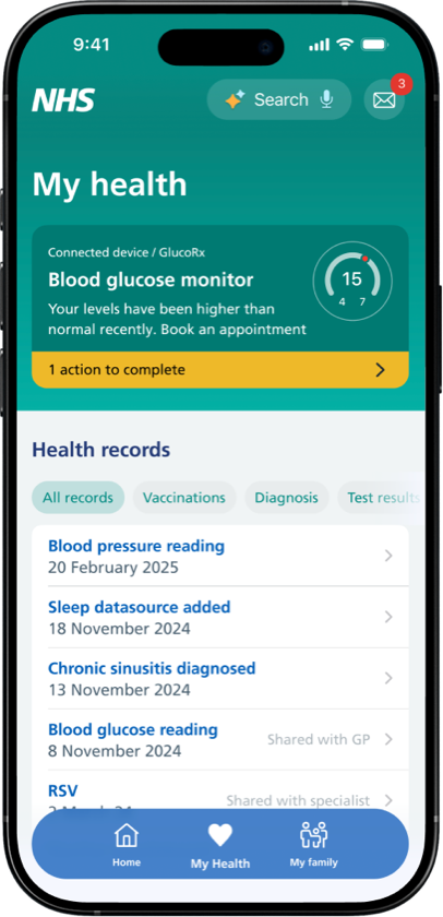 The My Health screen showing a blood glucose monitor alert with one action to complete