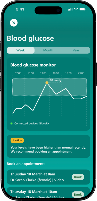 The Blood glucose screen showing a week of readings and appointment slots to book