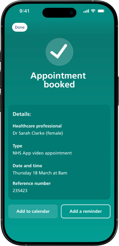 A confirmation screen showing the appointment has been booked, with details and a reference number