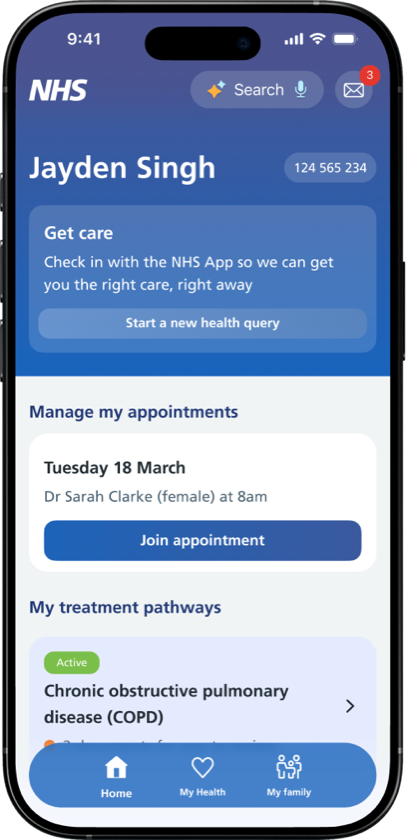 The NHS App home screen showing Jayden's upcoming appointment, ready to join