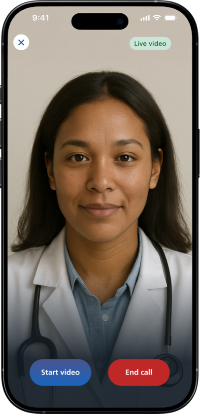 A live video appointment with a doctor, with start video and end call buttons