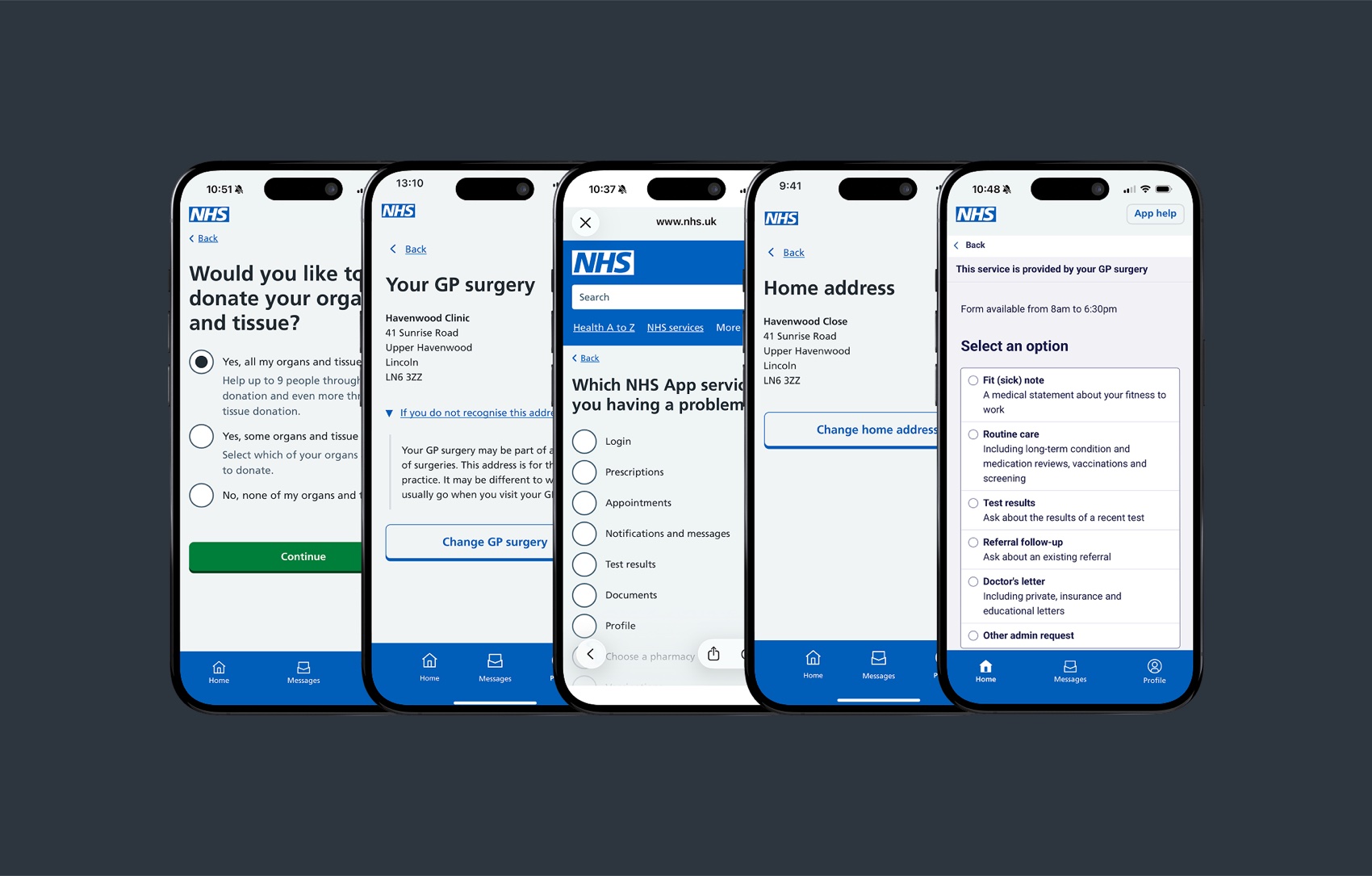 Five NHS App screens side by side, showing organ donation, GP surgery details, service selection, home address, and the contact form's problem categories